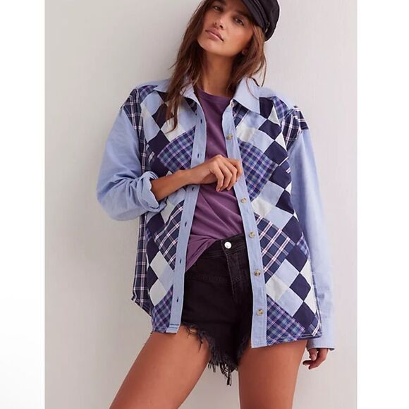 Free People We The Free Argyle Plaid Shirt Oversized Preppy Button size medium - Picture 1 of 9